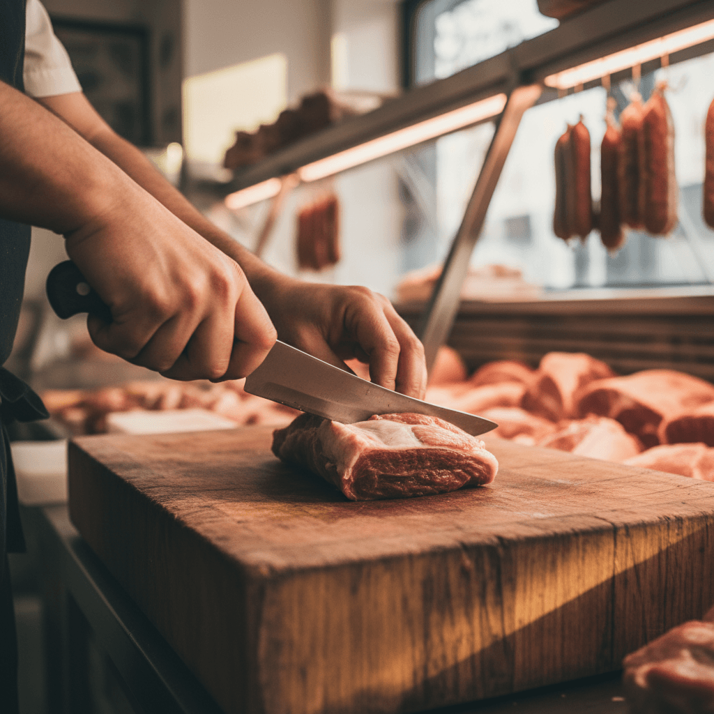 Manos de carnicero preparando carne halal de calidad en tablero de madera tradicional
