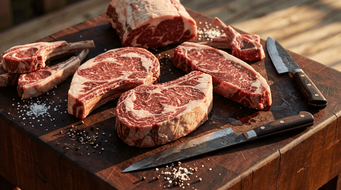 Cortes premium de carne halal fresca en tabla de madera de carnicería